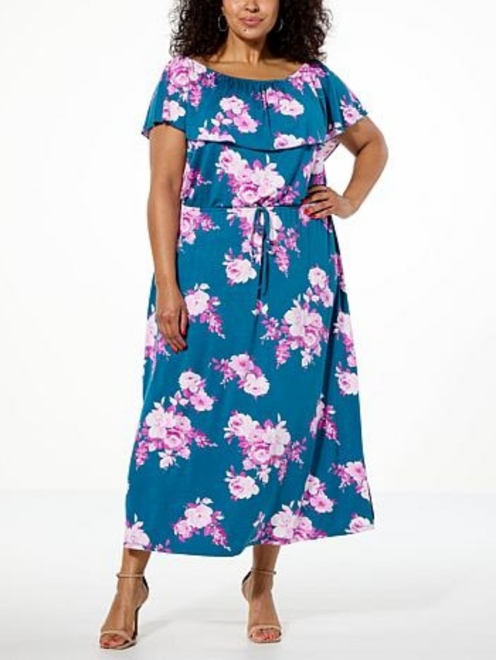 Colleen Lopez Off-the-Shoulder Printed Knit Maxi Dress 1x New Teal PullOver